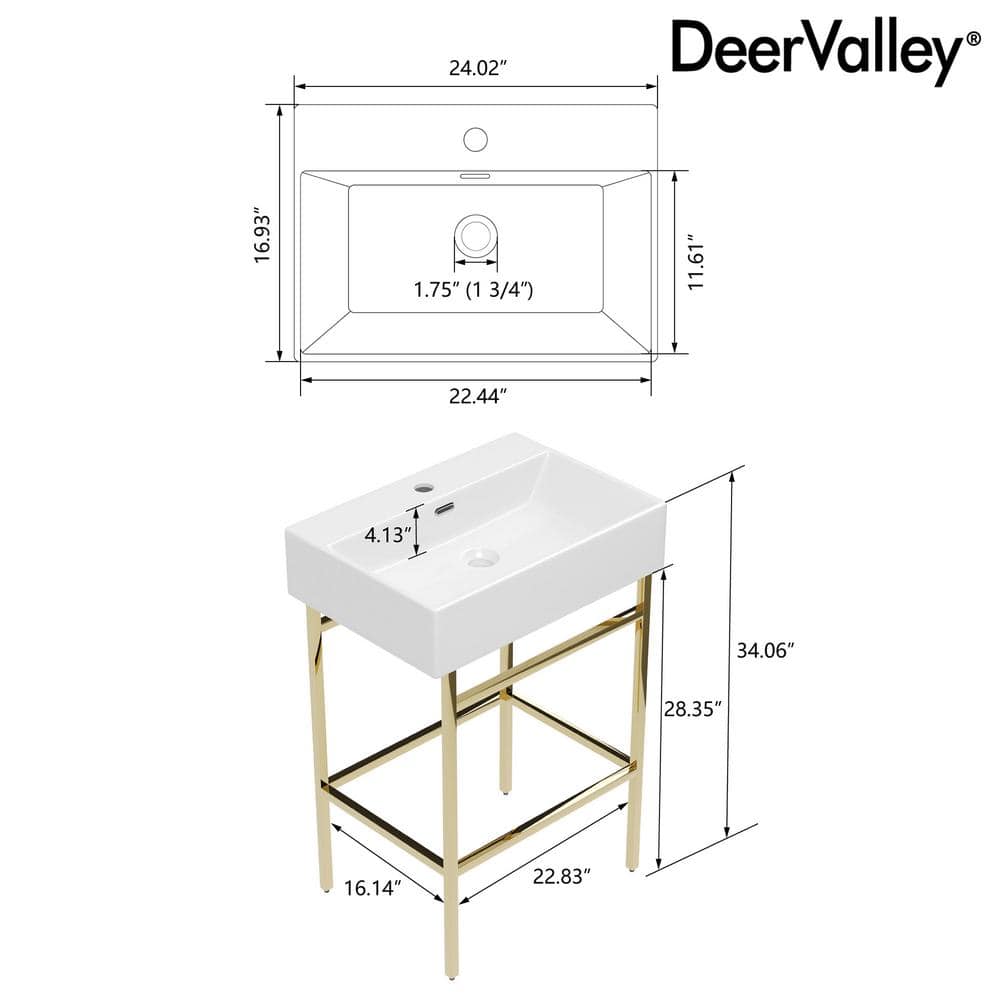 24" White Ceramic Console Sink with Gold Legs