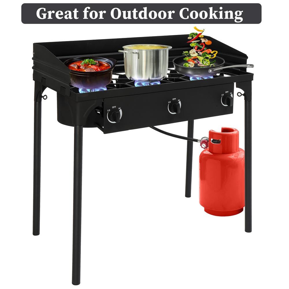 Portable Black 3-Burner Propane Gas Grill with Folding Shelves