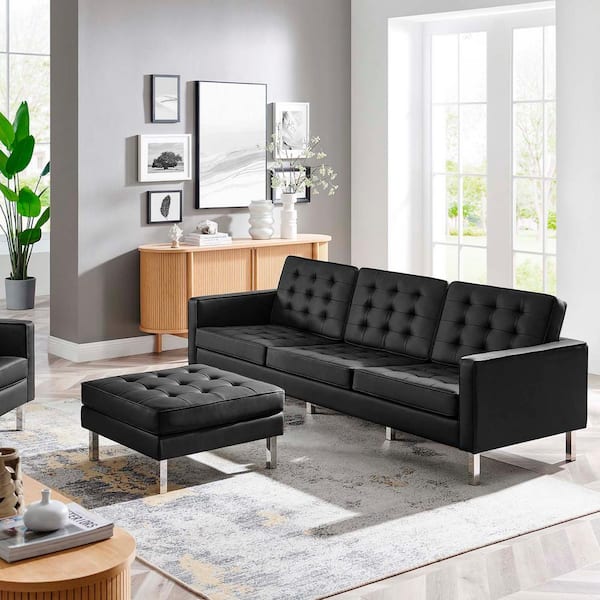 MODWAY Loft Tufted Faux Leather Sofa and Ottoman Set in MODWAY Loft Tufted Faux Leather Sofa and Ottoman Set in