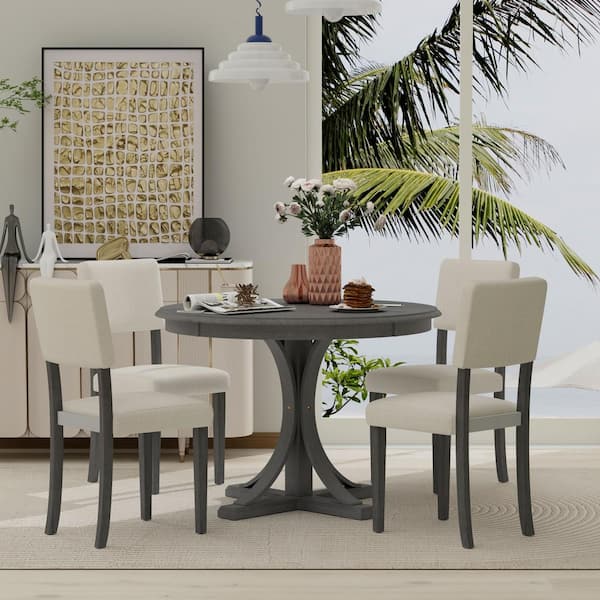 Harper & Bright Designs 5-Piece Dark Gray Retro Round MDF Top Table Set with 4 Upholstered Chairs