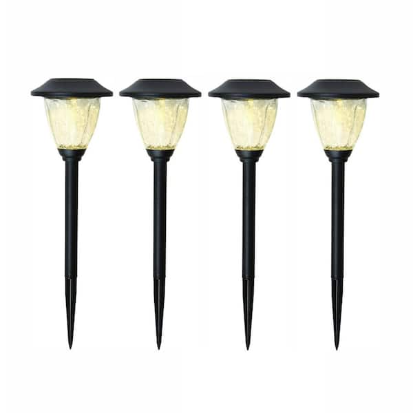 Hampton Bay Solar Black Outdoor Integrated LED Landscape Pathway Light with Crackle Glass (4-Pack)