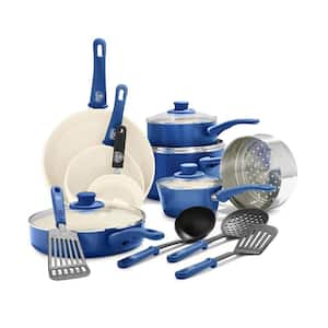 16-Piece Ceramic Kitchen Cookware Pots and Frying Sauce Saute Pans Set, Blue