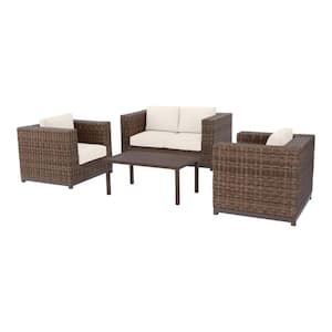 Fernlake 4-Piece Brown Wicker Outdoor Patio Deep Seating Set with CushionGuard Almond Tan Cushions