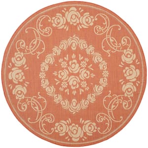 Courtyard Terracotta/Natural 7 ft. x 7 ft. Round Floral Indoor/Outdoor Patio  Area Rug