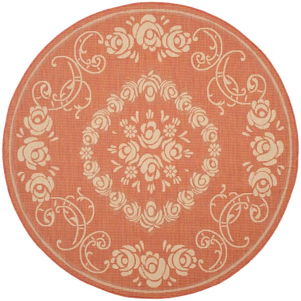 Courtyard Terracotta/Natural 7 ft. x 7 ft. Round Floral Indoor/Outdoor Patio  Area Rug