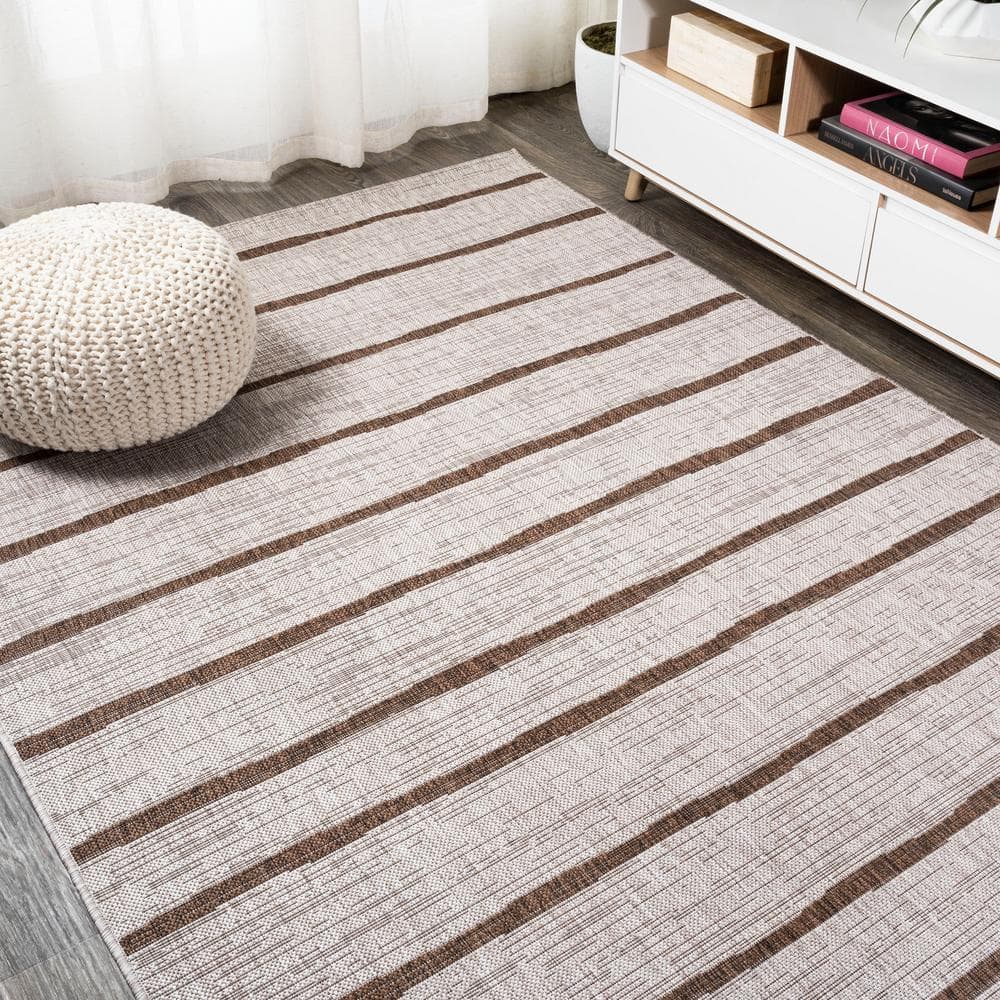 Beige and Brown Synthetic Rectangular Indoor/Outdoor Area Rug