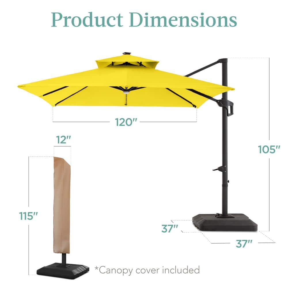Yellow 10x10ft Solar LED Cantilever Patio Umbrella with Base