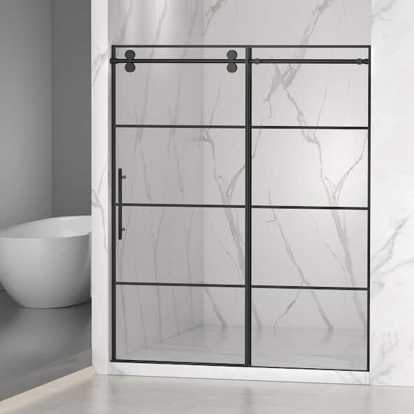 56-60 in. W. x 72 in H Sliding Frameless Soft-Close Shower Door in Matte Black Grid with 8mm Clear Glass