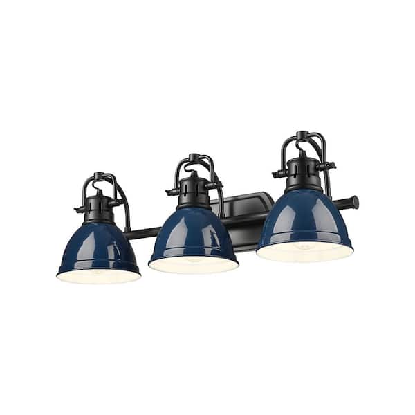 Golden Lighting - Duncan 8.25 in. 3 Light Matte Black Vanity Light with Navy Blue Shade