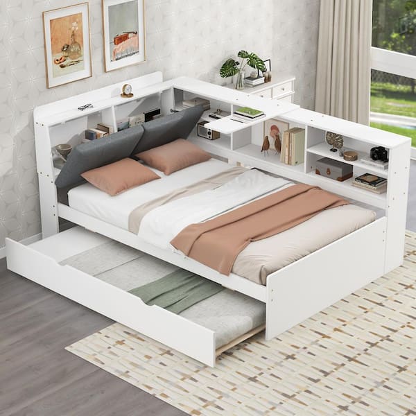 Qualler White Wood Frame Twin Size Platform Bed with Trundle and Upholstery Storage Headboard