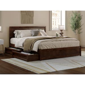 Lylah Walnut Brown Solid Wood Frame Queen Platform Bed with Panel Footboard and Storage Drawers