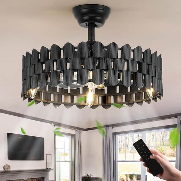 JUSHENG 17.71 in. Farmhouse Black Ceiling Fan with Light