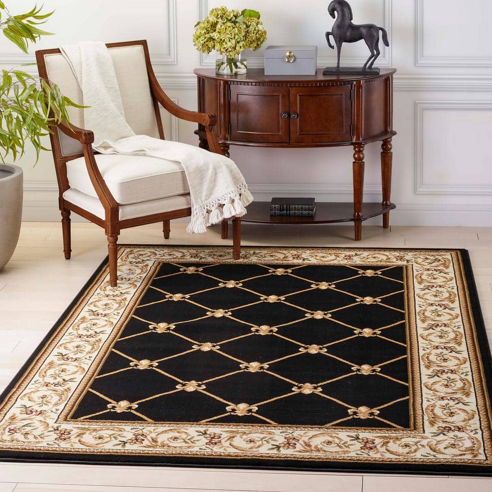 Black and Beige Floral Medallion Synthetic Area Rug