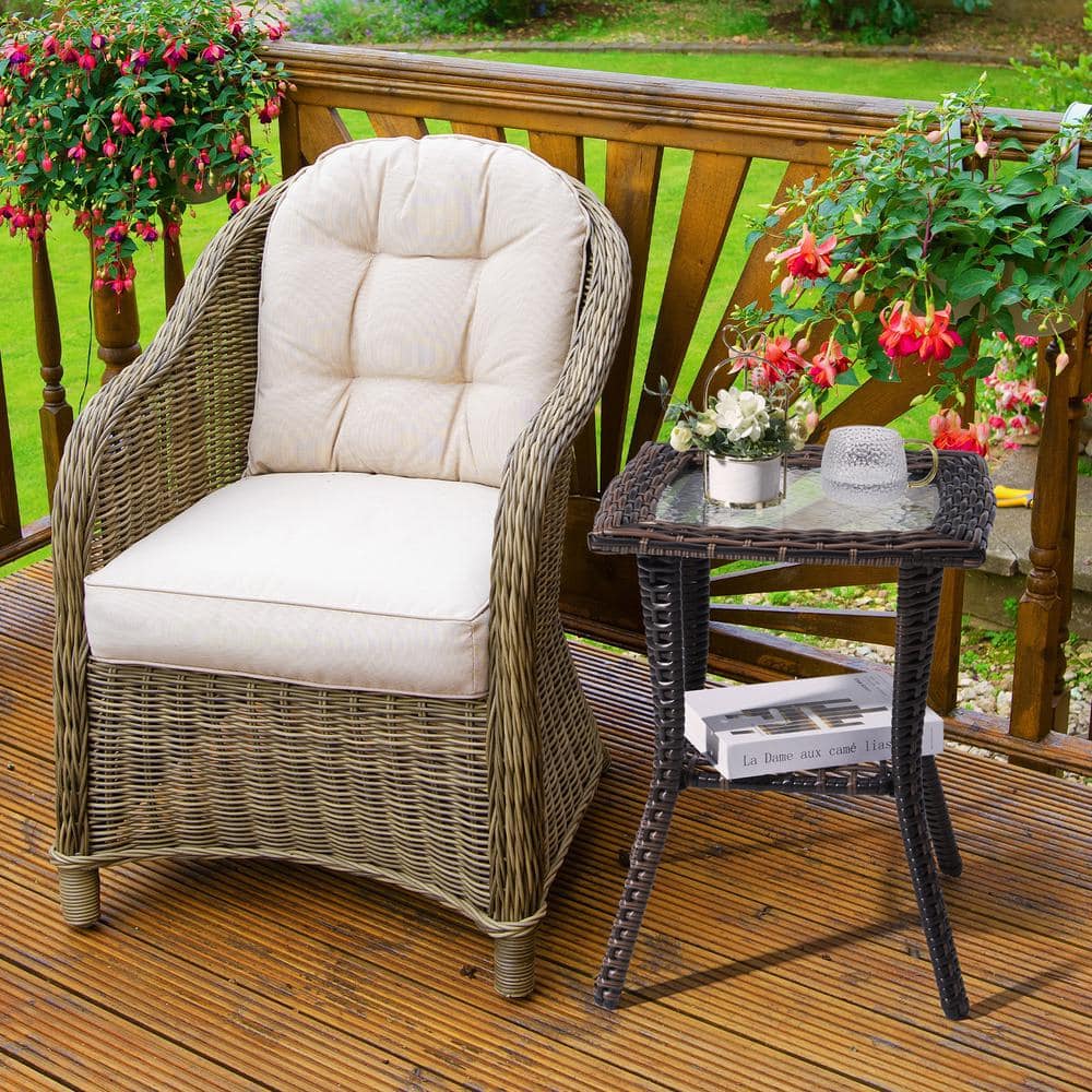 Brown Square Wicker Outdoor Side Table with Glass Top and Steel Frame