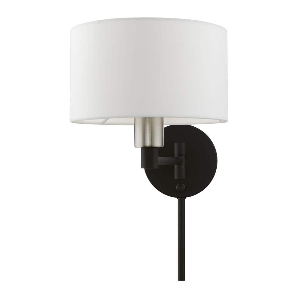 Black and Brushed Nickel Swing Arm Wall Lamp with Off-White Shade