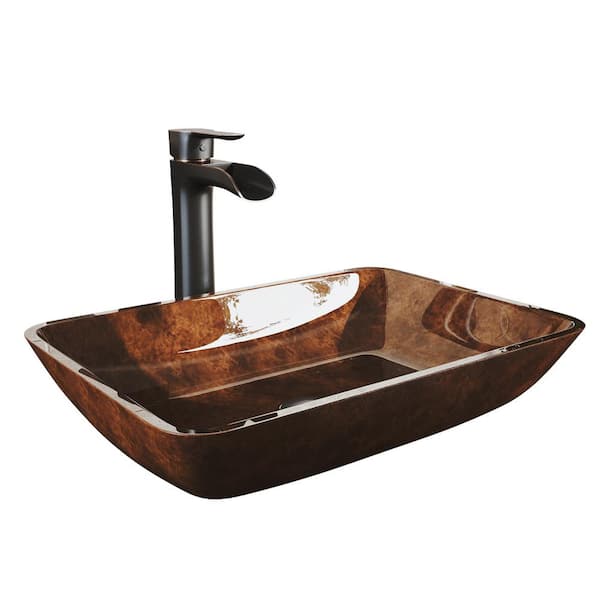 Glass Rectangular Vessel Bathroom Sink in Red/Brown Fusion with Niko Faucet and Pop-Up Drain in Antique Rubbed Bronze