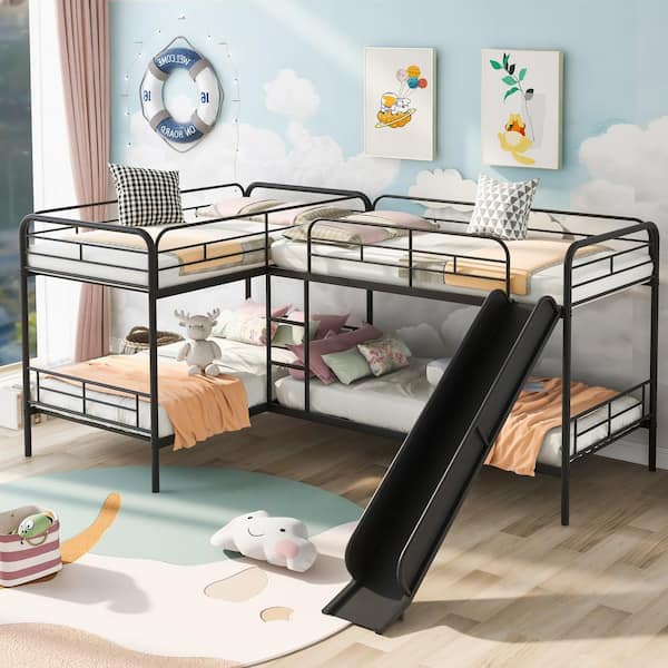 URTR Black Quad Bunk Bed with Slide, Metal Twin Over Twin L-Shaped Bunk Bed Frame for 4, Twin Size Bunk Bed with Ladders