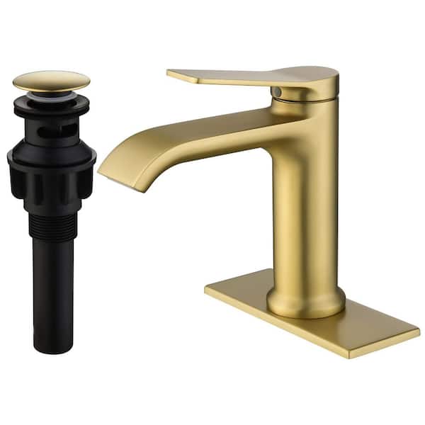 Single Handle Single Hole Bathroom Faucet with Pop-Up Drain Kit Brass Sink Basin Vanity Taps in Brushed Gold