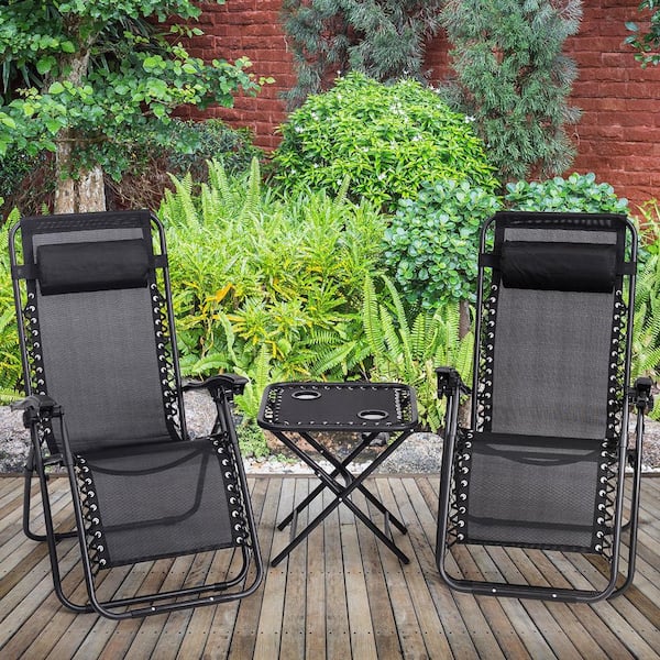 Zero Gravity Metal Outdoor Lounge Chairs in Black with 1 Side Table (2-Pack)