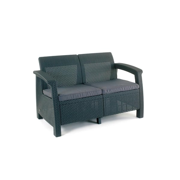 Keter Corfu Charcoal All-Weather Resin Patio Loveseat with Grey Cushion