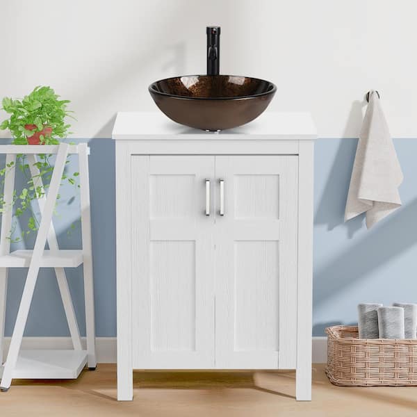 Puluomis 24 in. W x 19 in. D x 33 in. H Single Sink White Bath Vanity with Brown+Round Solid Surface Top Sink