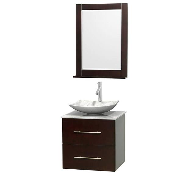 Wyndham Collection Centra 24 in. Vanity in Espresso with Marble Vanity Top in Carrara White, Marble Sink and 24 in. Mirror