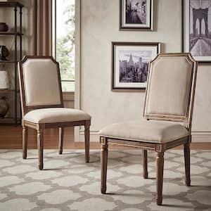 Brown Finish Beige Arched Linen And Wood Dining Chairs (Set of 2)