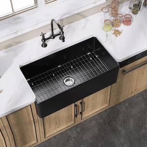 30 in. Fireclay Farmhouse Apron Front Single Bowl Kitchen Sink Matte Black With Bottom Grid and Strainer