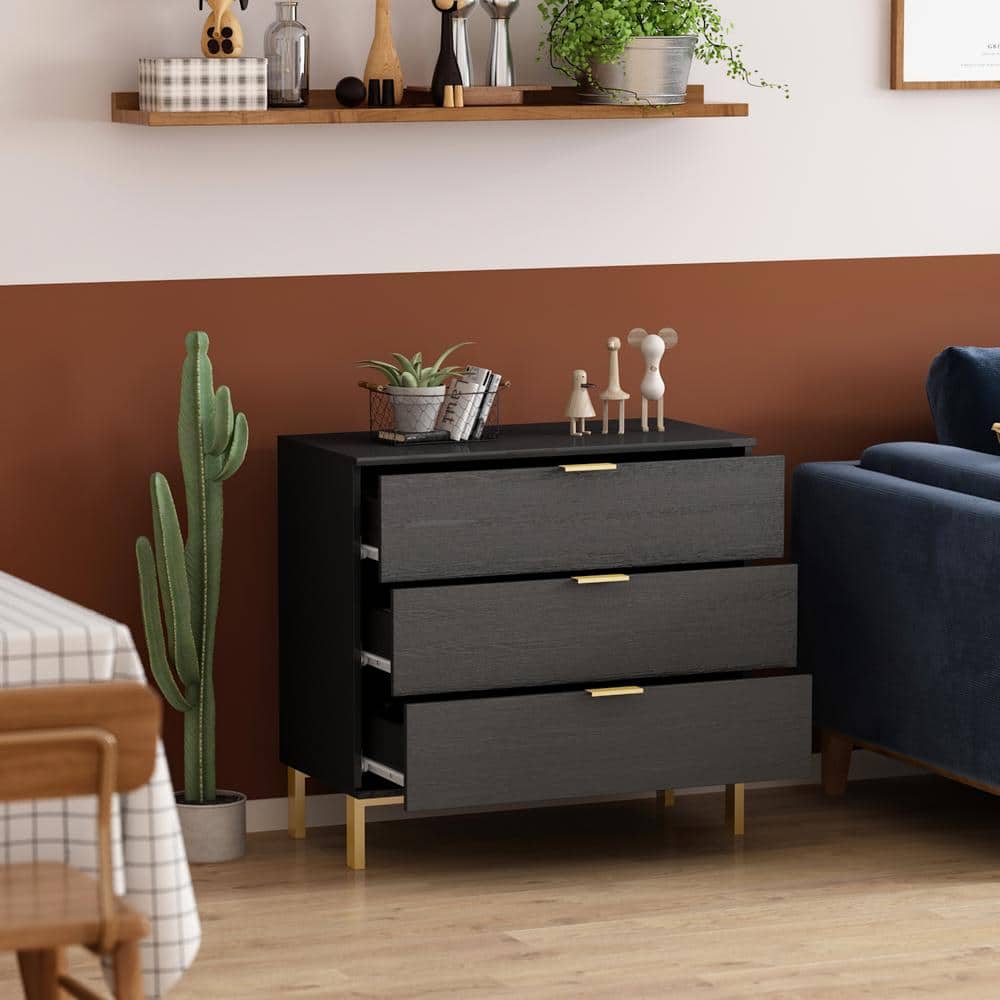 Black MDF Coastal 3-Drawer Chest with Gold Accents