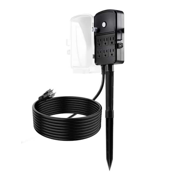 Outdoor Power Stake, 15 ft. Extension Cord, Weatherproof Power Strip with Cover, 6 Outlets, 15A for Christmas Lights