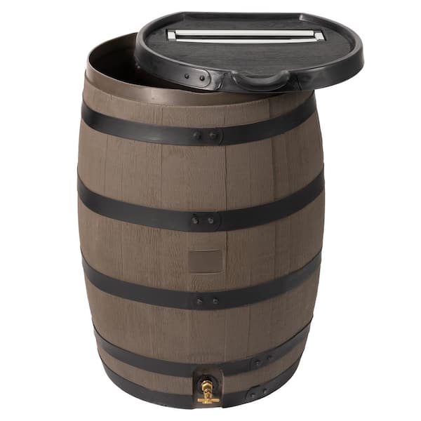 55 Gal. Premium Flat Back Rain Barrel with Removable Lid, Woodgrain with Black Stripes Color