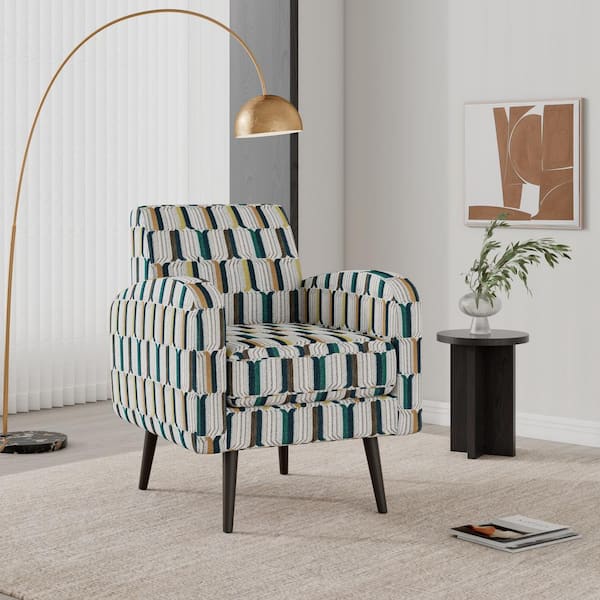 Handy Living Mindy Teal, Tan and Cream Stripe Fabric Mid-Century Modern Accent Arm Chair