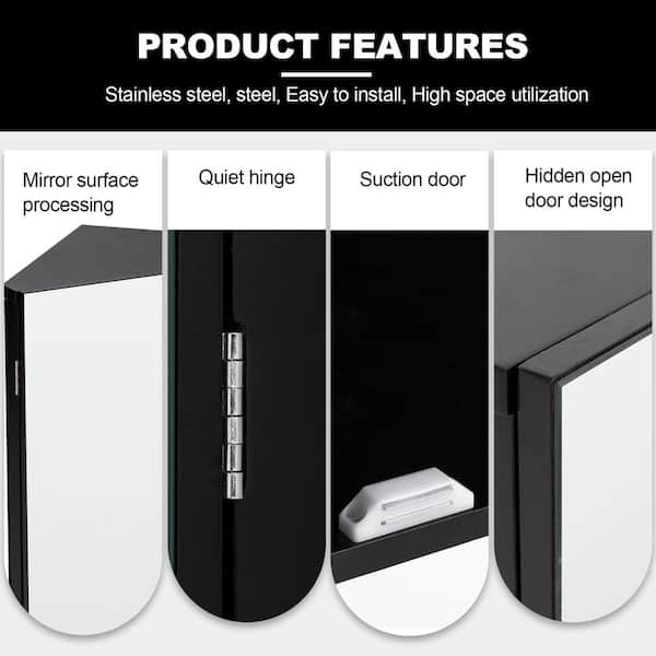 eclife 17.8 in. W x 23.5 in. H Rectangular Double Door Corner Surface Mount Frameless Medicine Cabinet with Mirror in Black
