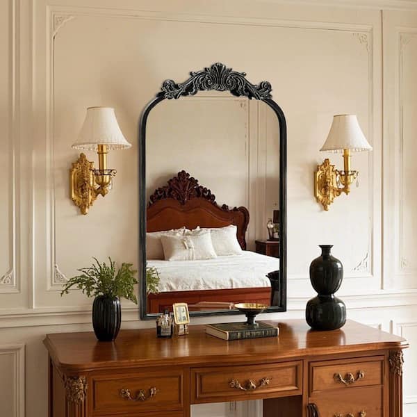 LuxHomez 19 in. W x 31 in. H Black Vintage Arched Metal Frame Decorative Wall Mirror/Dressing Table Mirror
