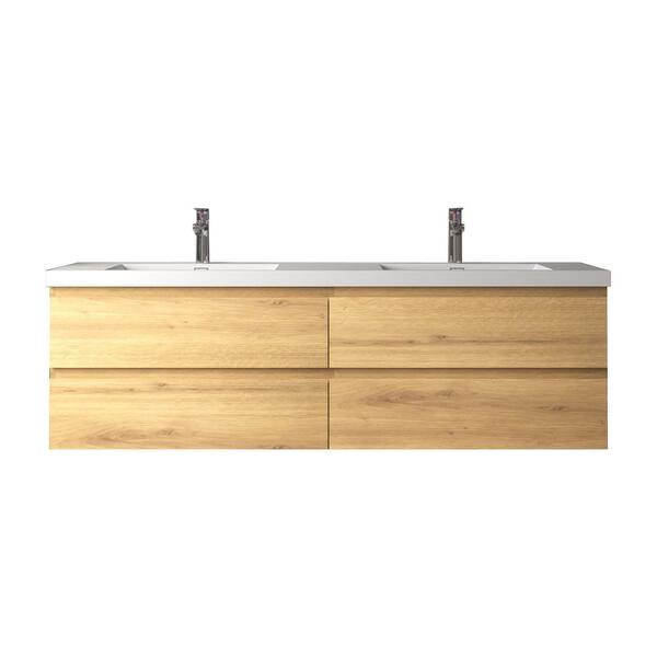 Angela 72 in. Double A. Oak Bath Vanity Wall-mounted Floating Vanities with Gloss White Resin Stone Top 4 Drawers