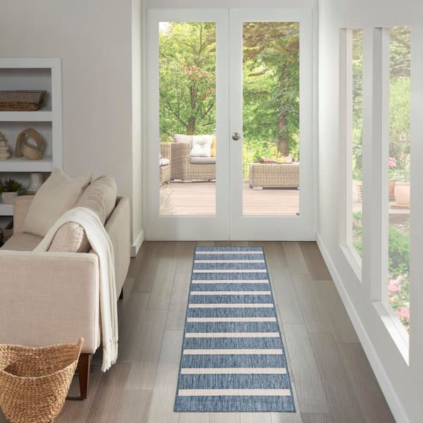 Positano Navy Ivory 2 ft. x 12 ft. Stripes Contemporary Runner Area Rug