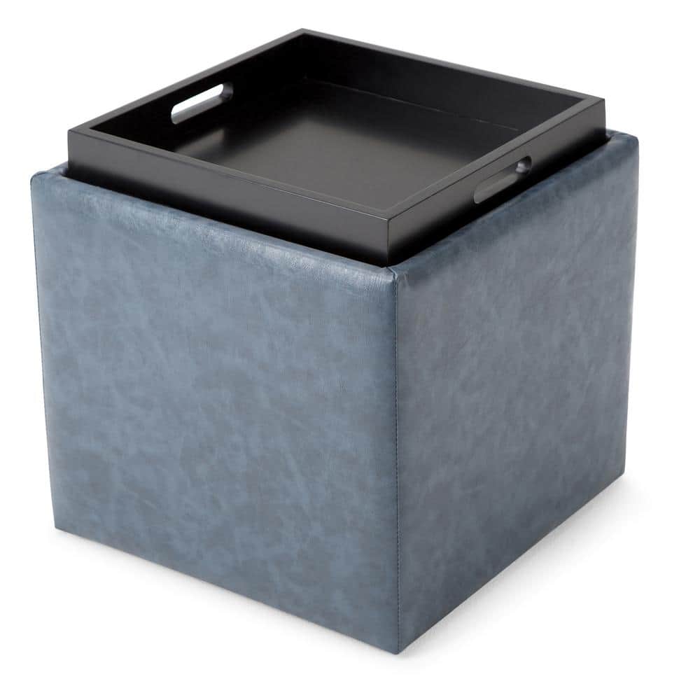 Denim Blue Faux Leather Square Storage Ottoman with Flip-Over Tray