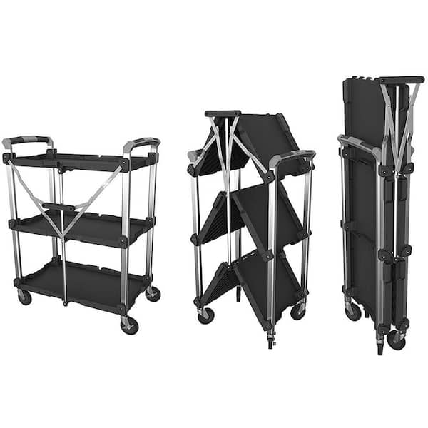 Utility Cart Service 3 Shelves Levels Storage Portable Foldable Collapsible Tool 