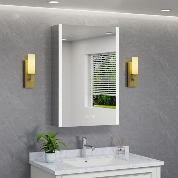 HBEZON Eos 24 in. W x 30 in. H Rectangular Aluminum Surface/Recessed Medicine Cabinet with Mirror and Light, Left Hinge