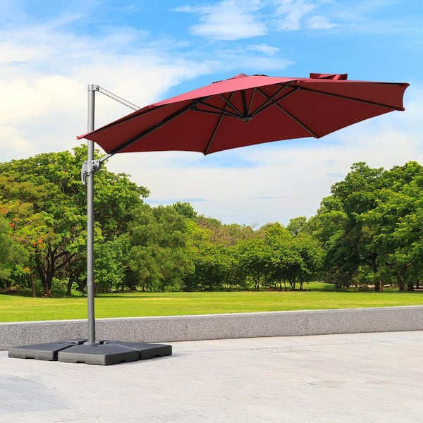 Outsunny 115.75 in. Cantilever Hanging Tilt Offset Patio Umbrella w/Base Stand UV Fade Fighting Canopy and 360° Rotation in Red