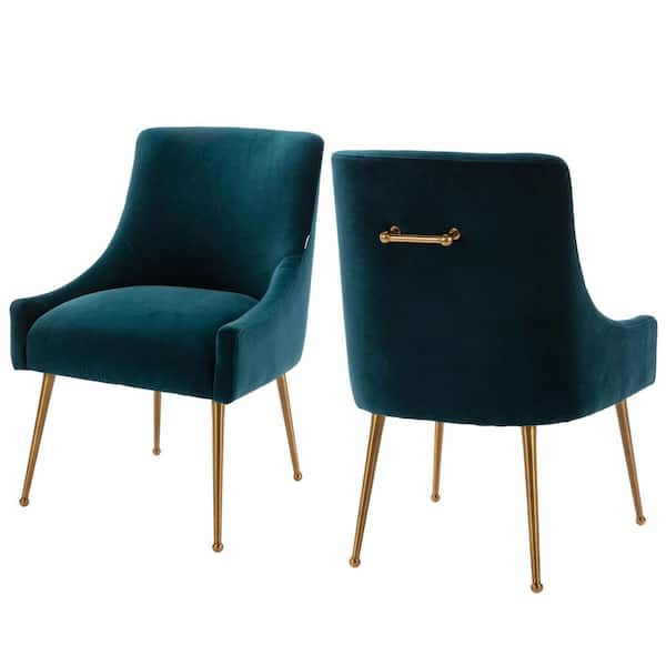 2-Piece Lake Green Velvet Upholstered Chair Set with Gold Metal Legs Stain Resistant for Dining Living Room