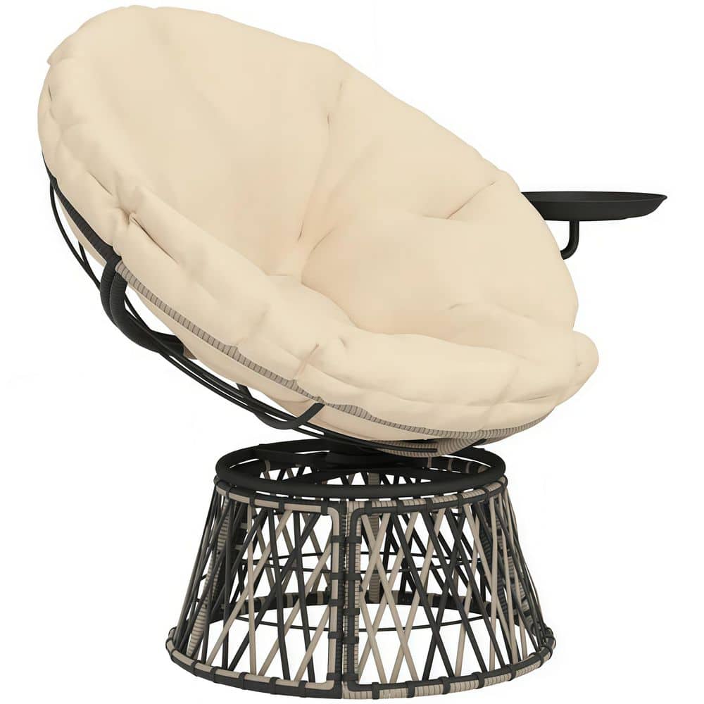 360° Swivel Outdoor Papasan Chair, Overstuffed Circle Chair with Side Tray, Thickened Cushion for Indoor, Patio, Beige price history on PriceWatchPro
