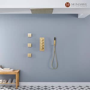 Thermostatic 3-Spray Patterns with 2.5 GPM 20 in. Flush Ceiling Mount Rain Dual Shower Heads with 3-Jet in Brushed Gold
