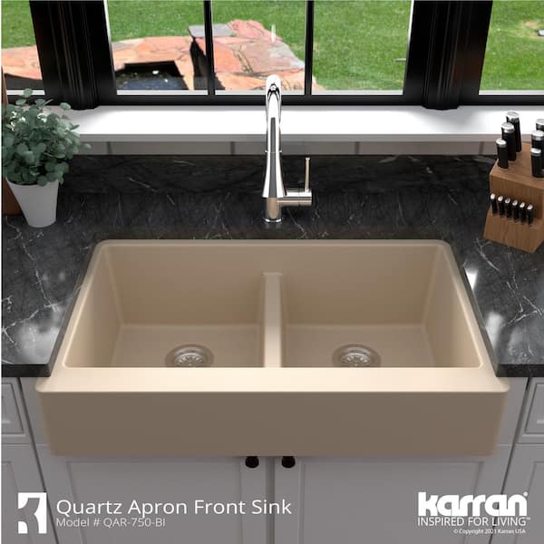 Karran Retrofit Farmhouse Apron Front Quartz Composite 34 in. Double Bowl Kitchen  Sink in Grey QAR-750-GR - The Home Depot