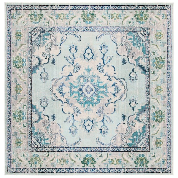SAFAVIEH Monaco Light Blue/Ivory 7 ft. x 7 ft. Distressed Border Medallion Square Area Rug
