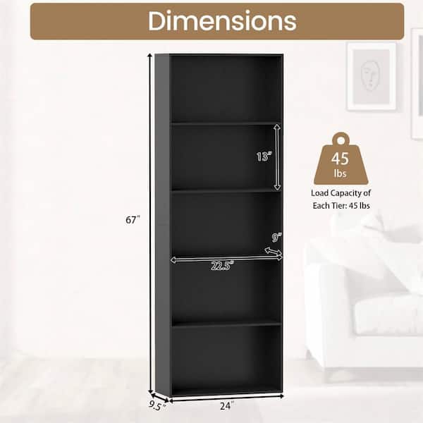 67 in. Black MDF 5-Shelfves Standard Bookcase with Storage