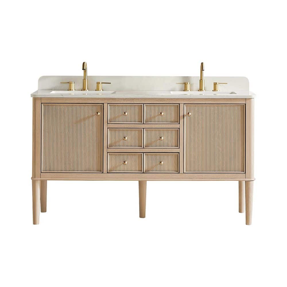 Blaise 60 in. Double Freestanding Light Oak Bath Vanity with Grain White Engineered Stone Top Assembled price history on PriceWatchPro
