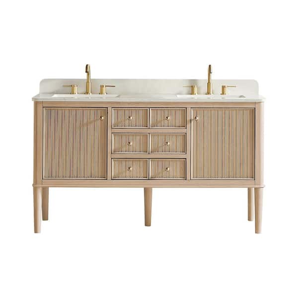 Blaise 60 in. Double Freestanding Light Oak Bath Vanity with Grain White Engineered Stone Top Assembled