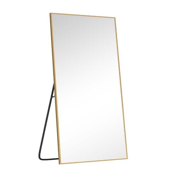 Unbranded Gold 38 in. W x 75 in. H Aluminum Alloy Fine-Edged Right-Angle Rectangular Mirror with Stand for Living Room