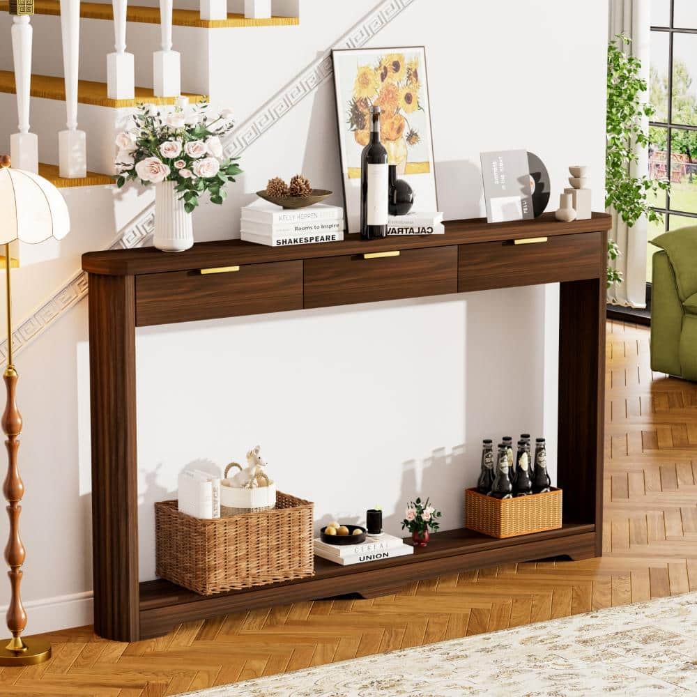 70" Walnut Wavy Console Table with 3 Drawers, Narrow Wooden Sofa Table for Entryway